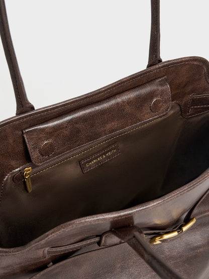 Victoria Belted Tote Bag - Distressed Coffee | CHARLES & KEITH