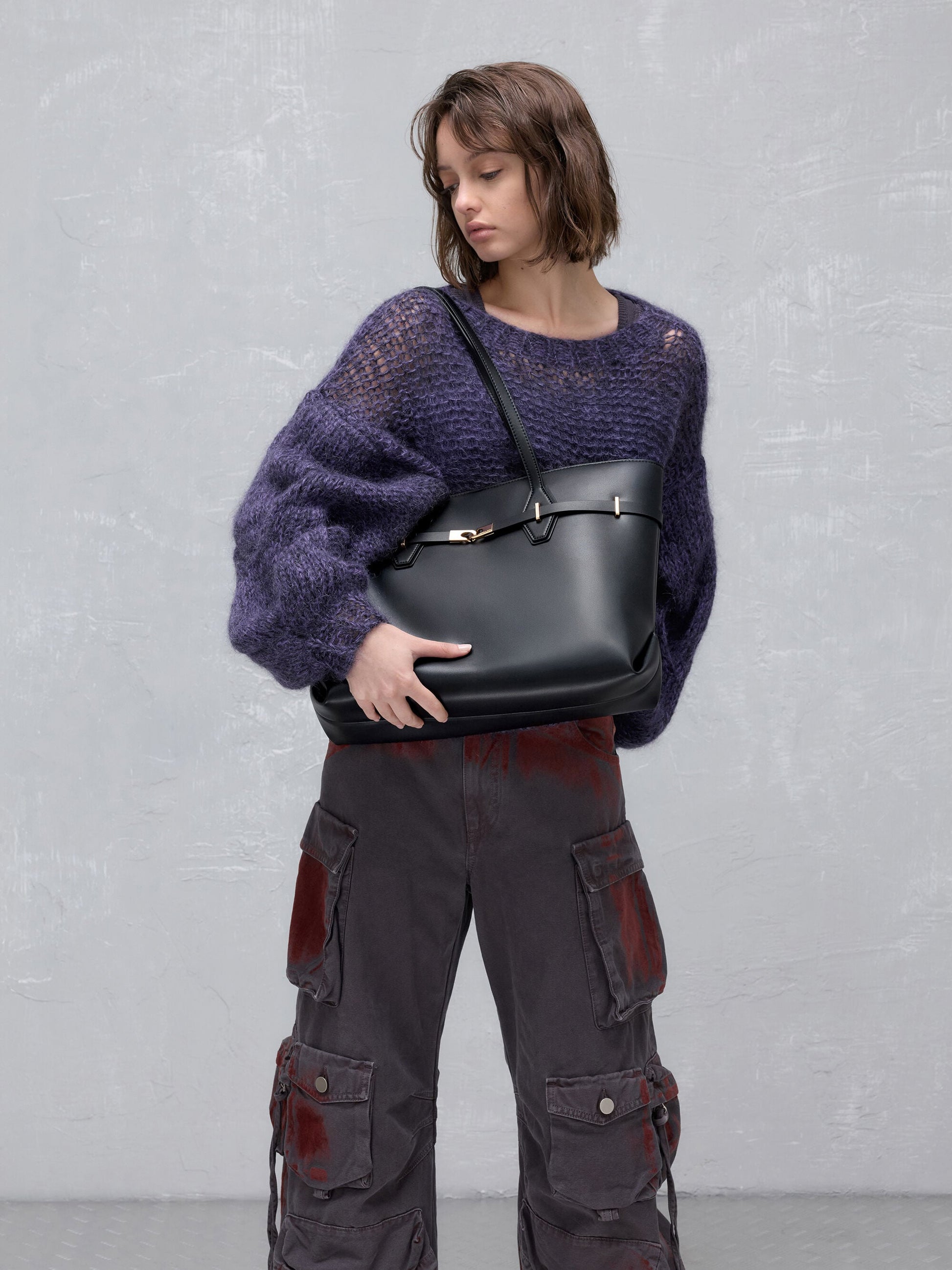 Arlet Double-Handle Belted Tote bag - Black | CHARLES & KEITH