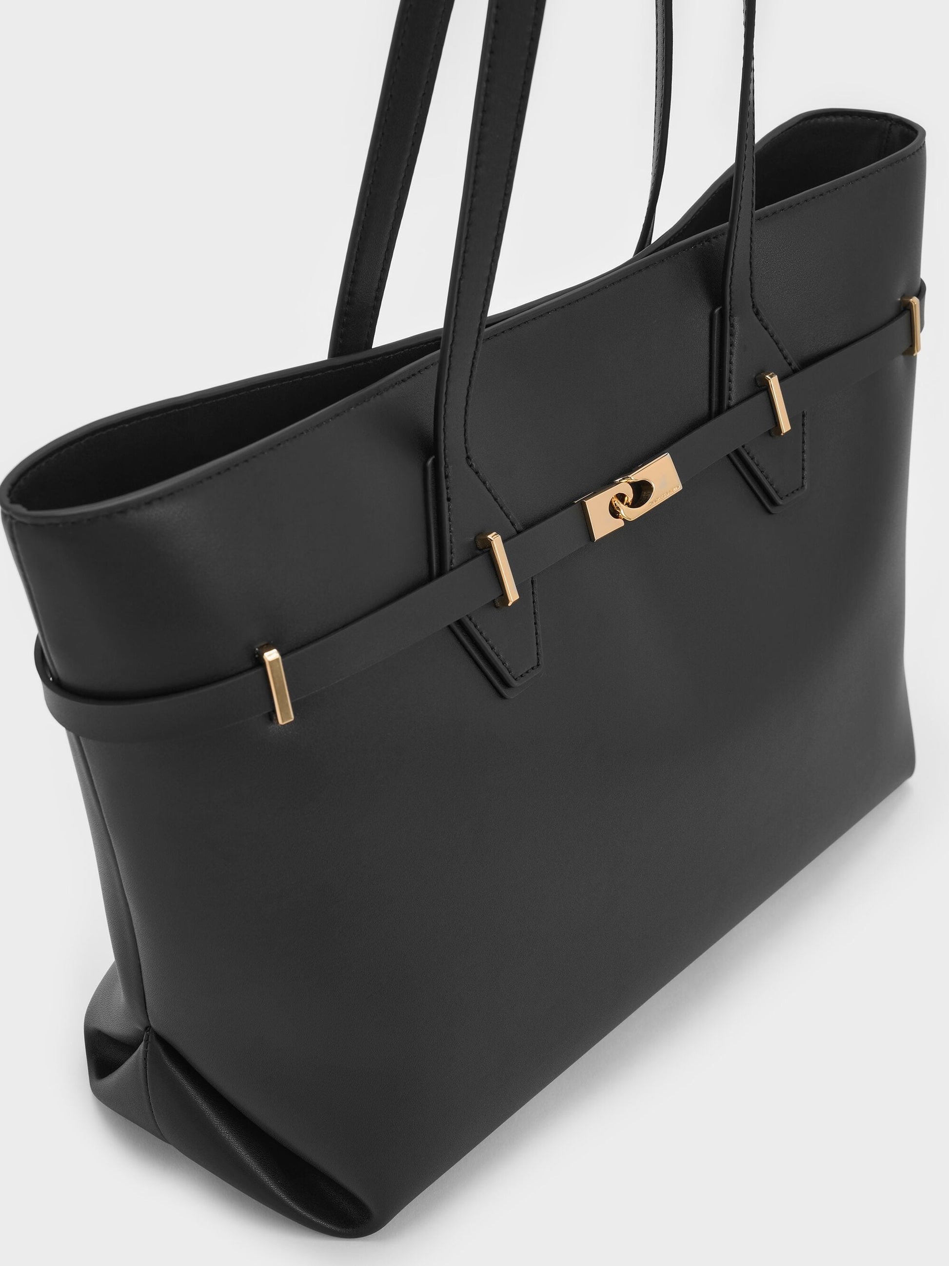 Arlet Double-Handle Belted Tote bag - Black | CHARLES & KEITH