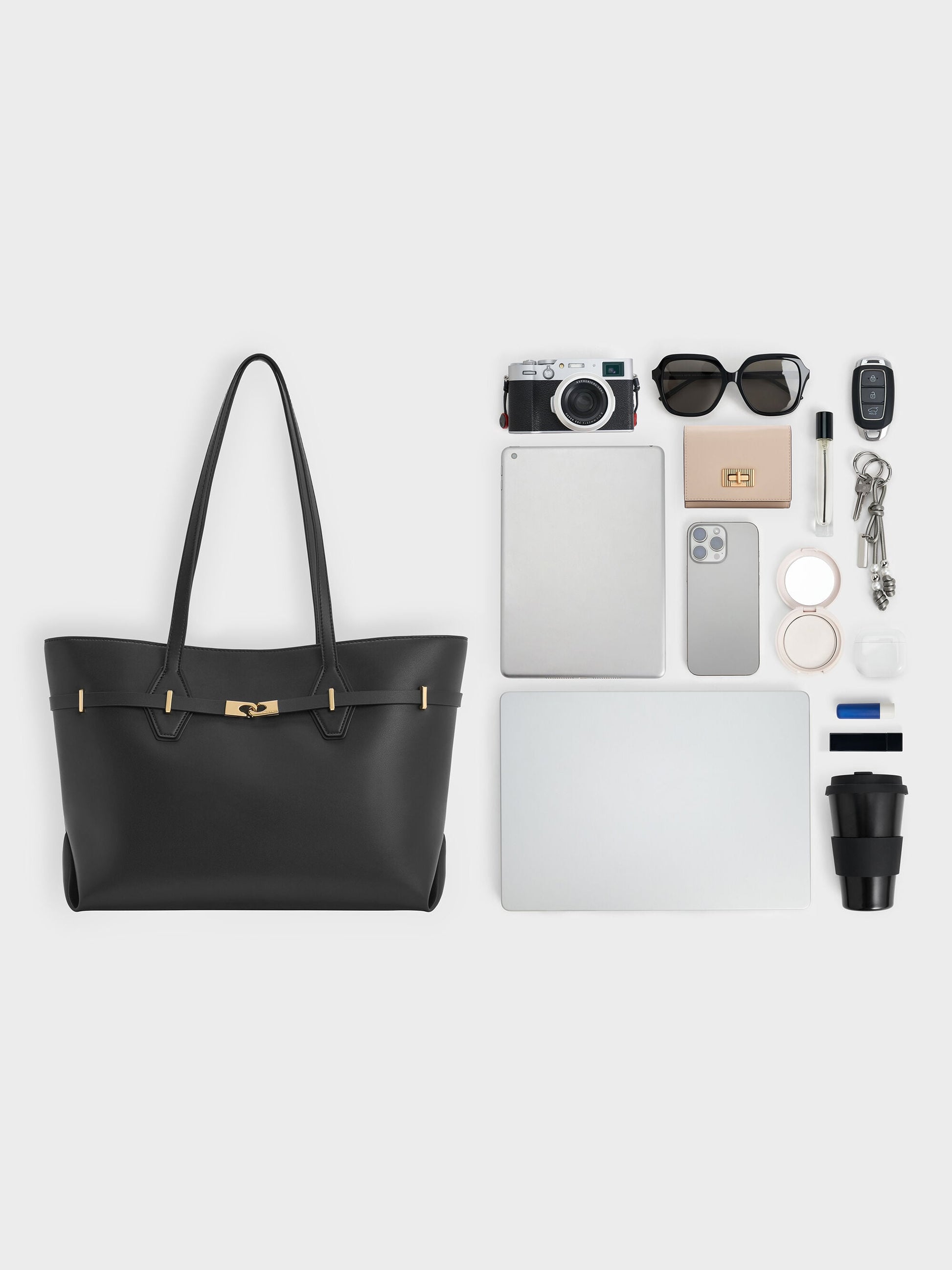 Arlet Double-Handle Belted Tote bag - Black | CHARLES & KEITH