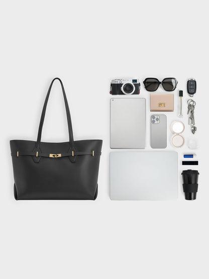 Arlet Double-Handle Belted Tote bag - Black | CHARLES & KEITH