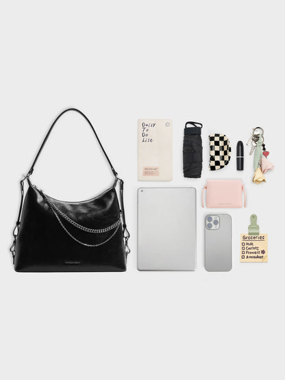 Atwood Chain Convertible Hobo Bag - Noir | CHARLES & KEITH