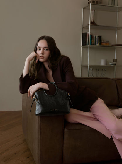Mini Dalia Bow Oval-Handle Tote Bag - Black | CHARLES & KEITH