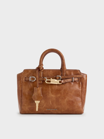 Mini Delfina Belted Tote Bag - Distressed Tan | CHARLES & KEITH