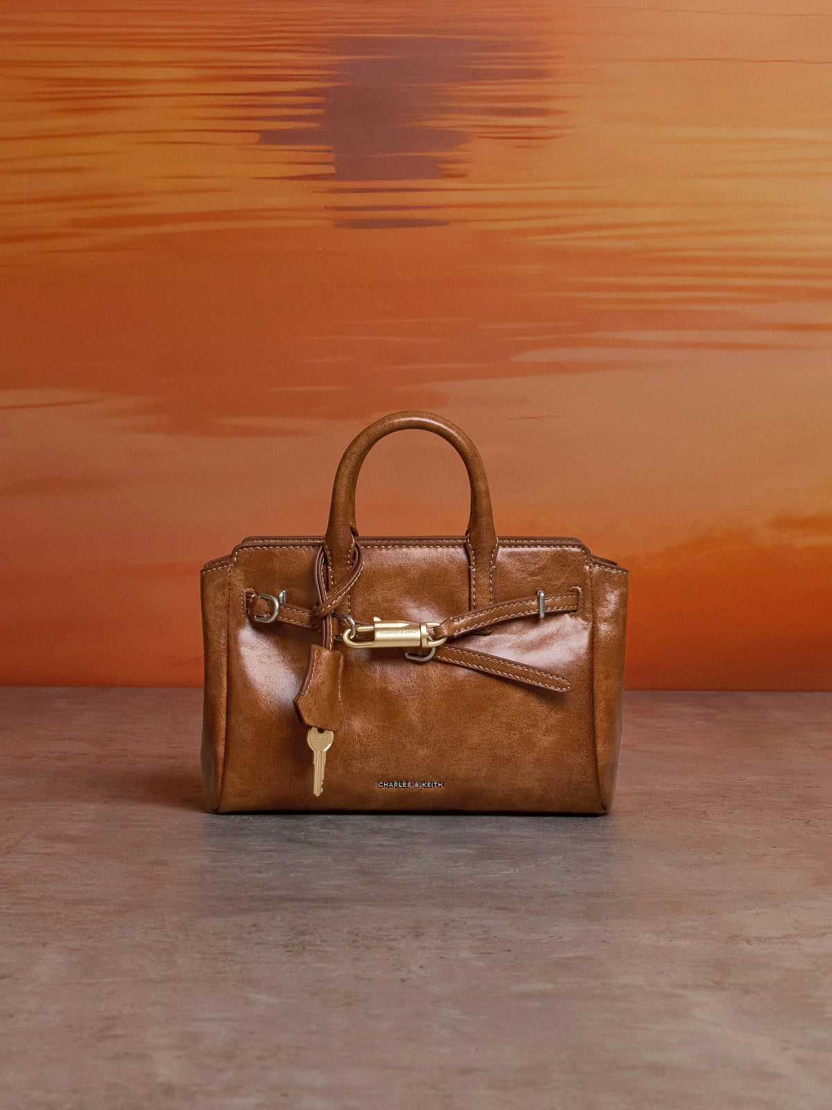 Mini Delfina Belted Tote Bag - Distressed Tan | CHARLES & KEITH