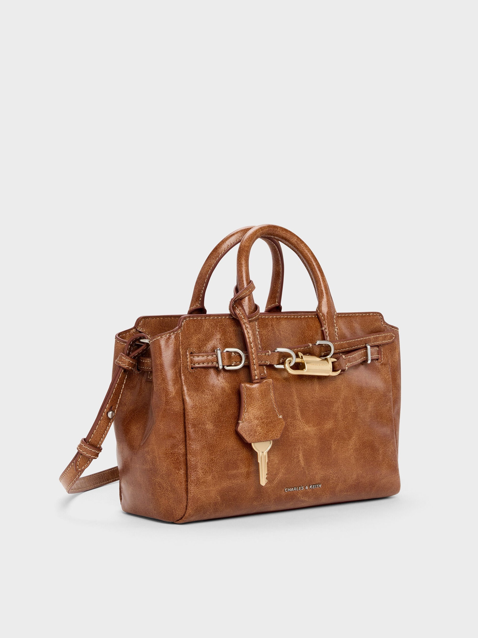 Mini Delfina Belted Tote Bag - Distressed Tan | CHARLES & KEITH