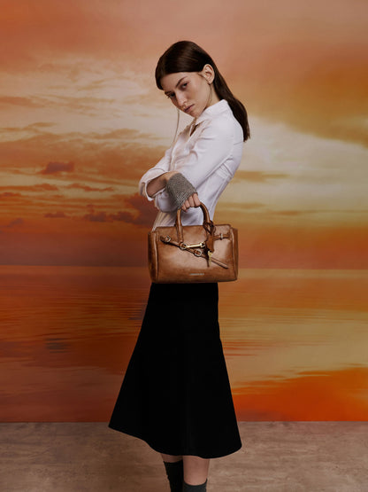 Mini Delfina Belted Tote Bag - Distressed Tan | CHARLES & KEITH