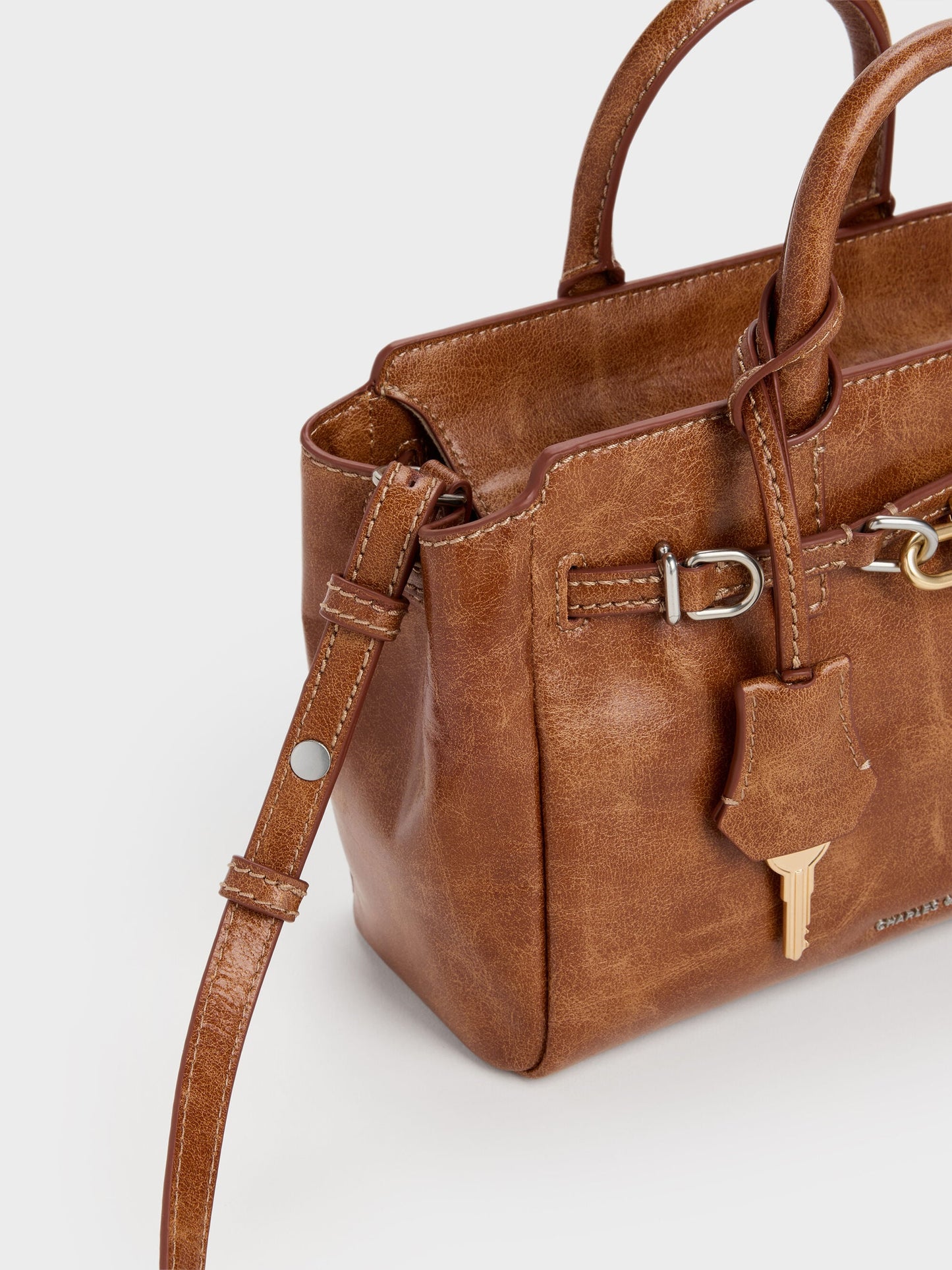 Mini Delfina Belted Tote Bag - Distressed Tan | CHARLES & KEITH