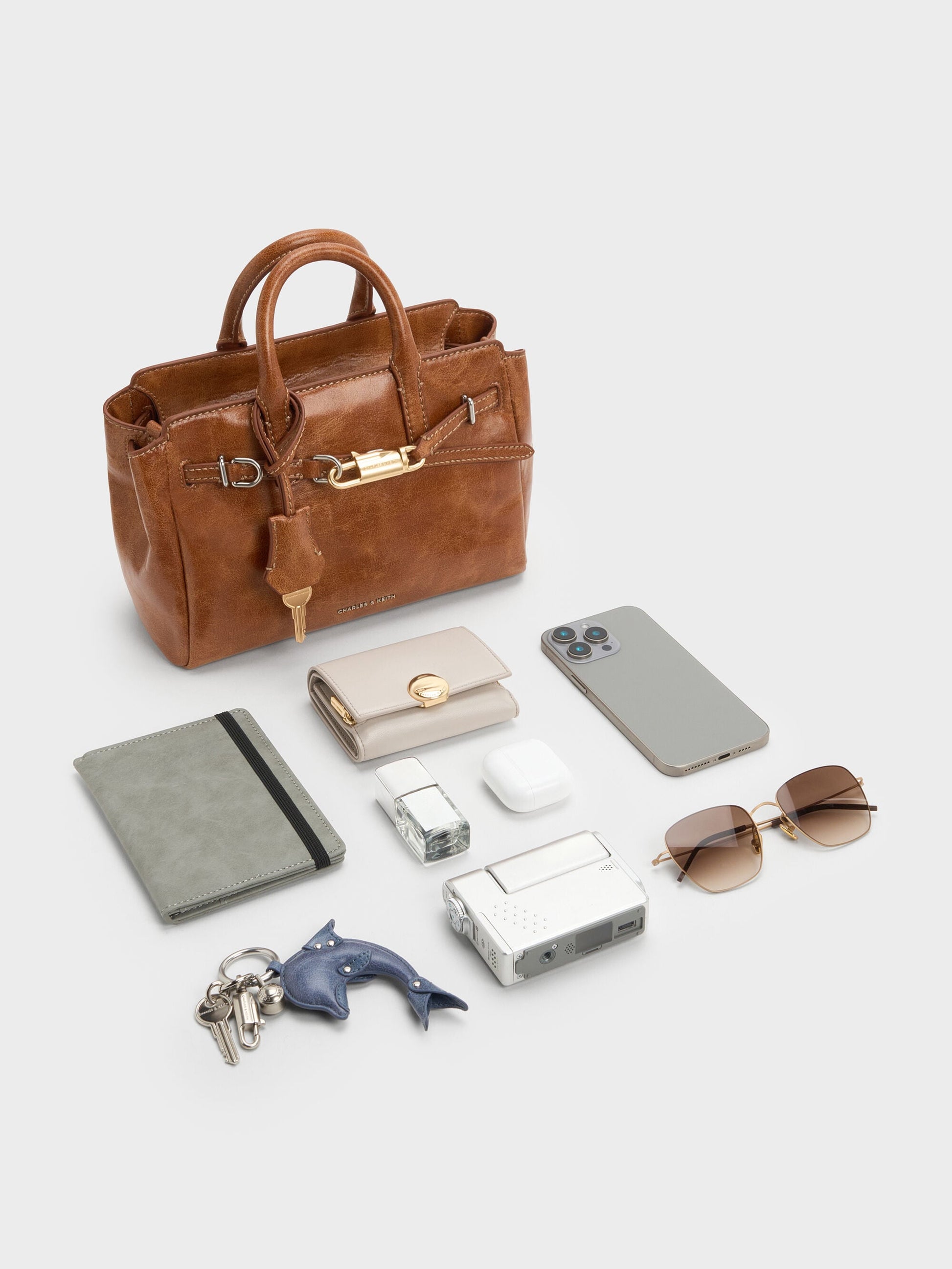 Mini Delfina Belted Tote Bag - Distressed Tan | CHARLES & KEITH
