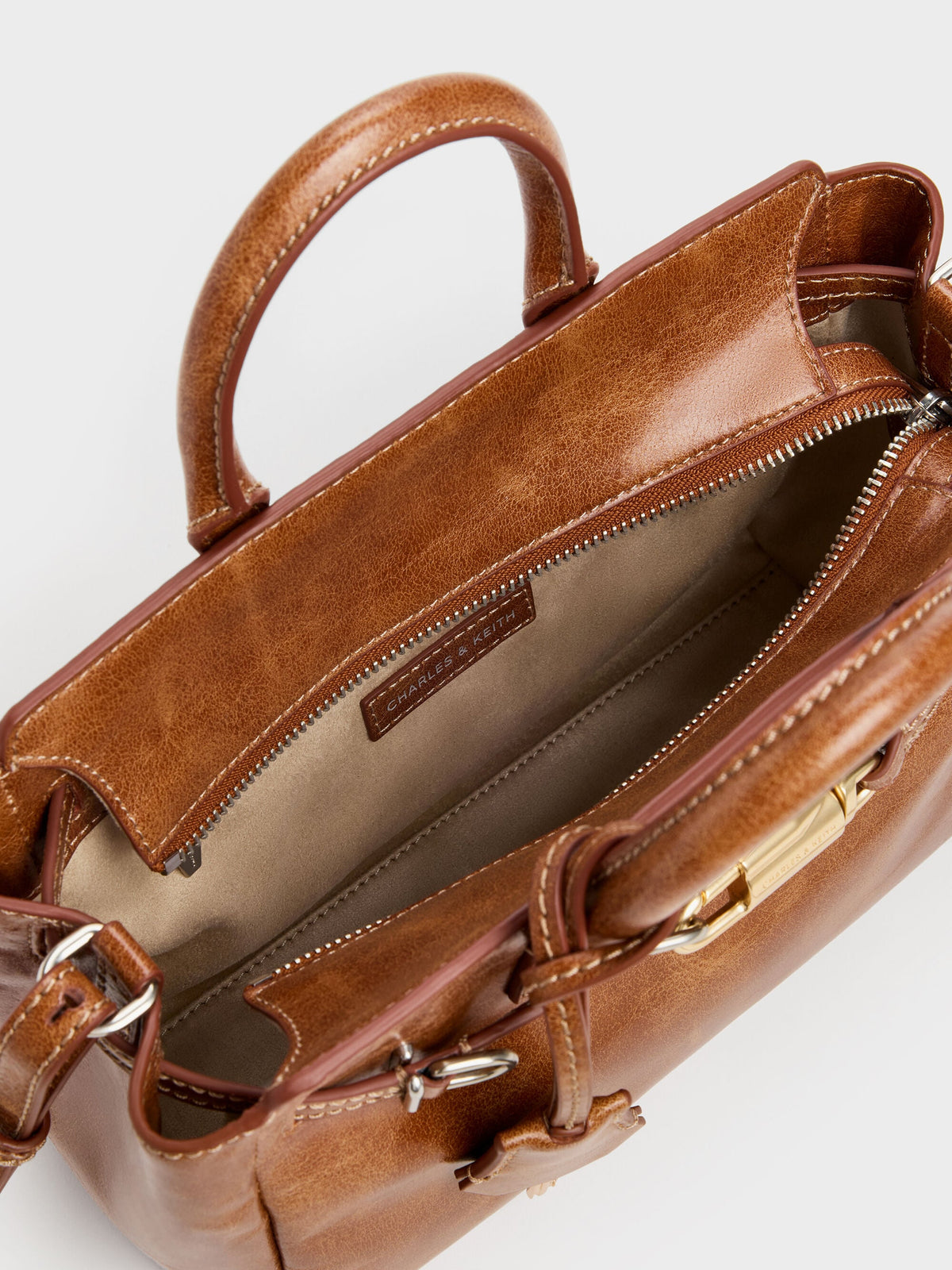 Mini Delfina Belted Tote Bag - Distressed Tan | CHARLES & KEITH