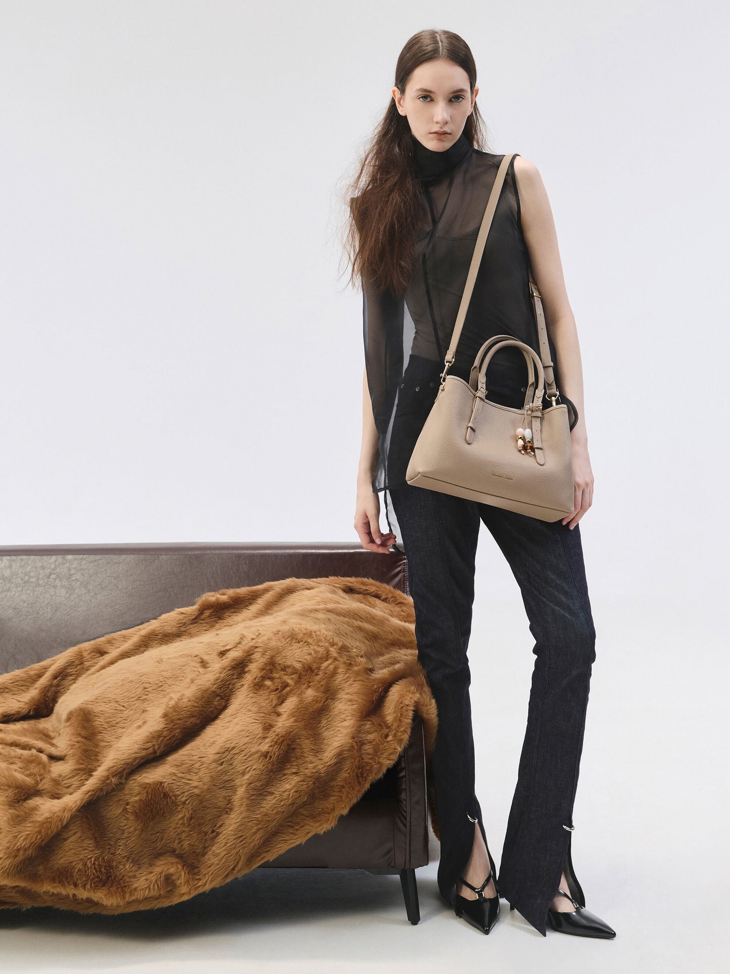 Baral Bead-Charm Tote Bag - Taupe | CHARLES & KEITH