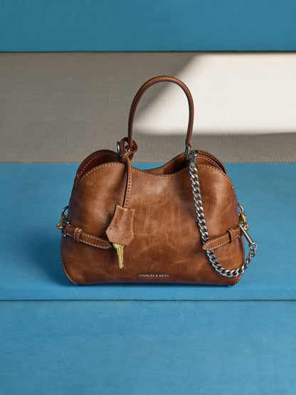 Delfina Chain Side-Belt Tote Bag - Distressed Tan | CHARLES & KEITH