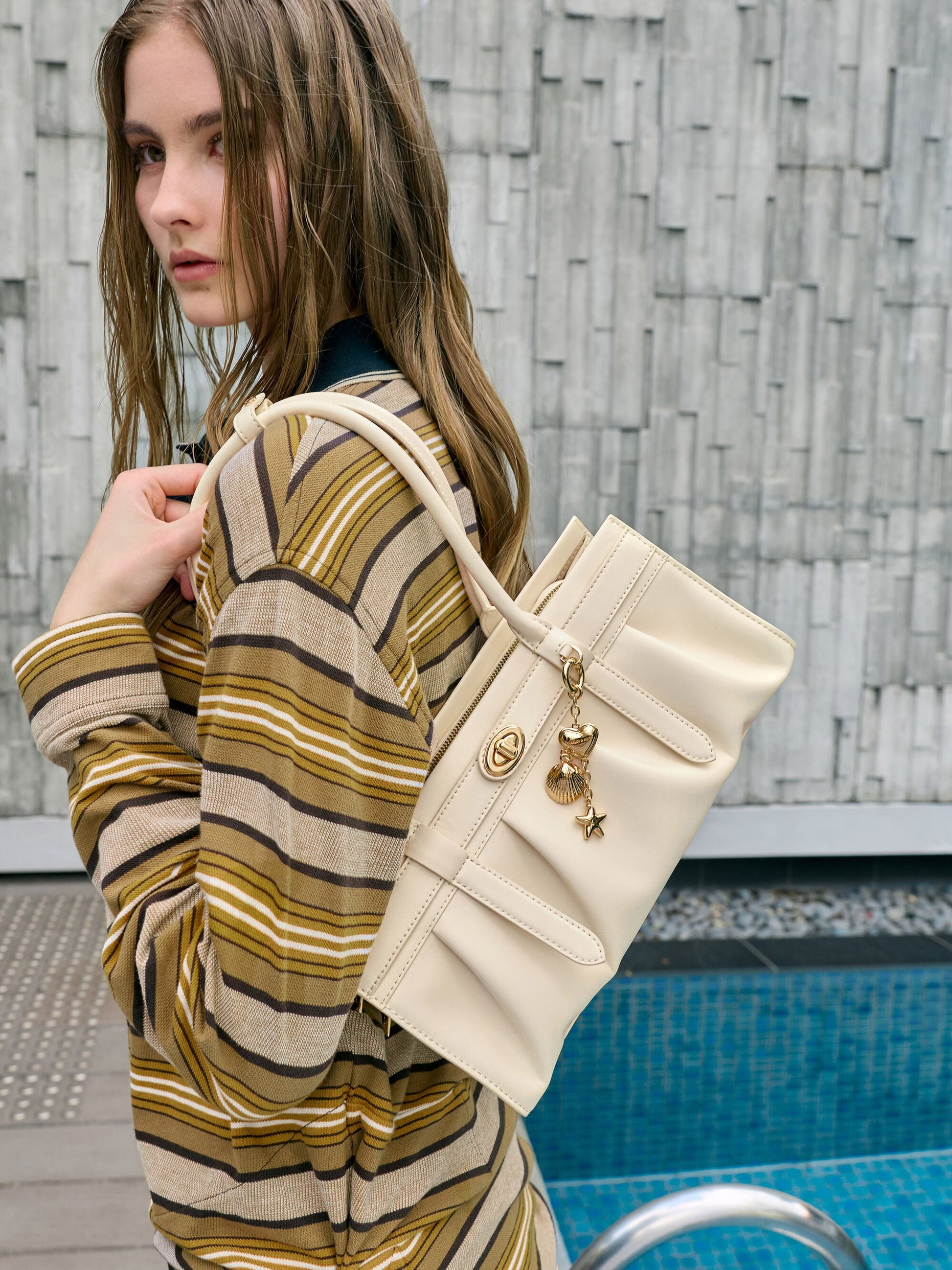 Isolde Belted Ruched Shoulder Bag - Cream | CHARLES & KEITH