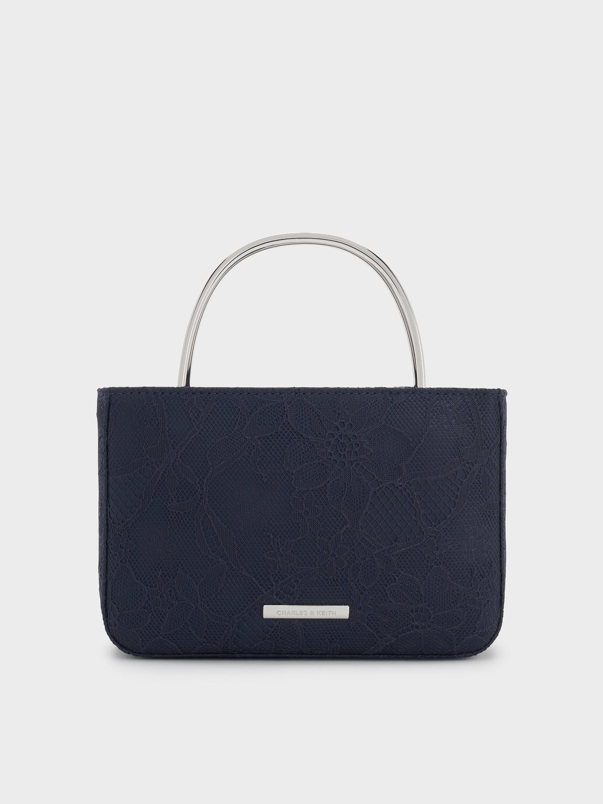 Jennis Lace & Satin Top Handle Bag - Dark Blue Textured | CHARLES & KEITH