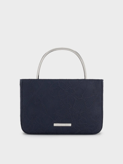 Jennis Lace & Satin Top Handle Bag - Dark Blue Textured | CHARLES & KEITH