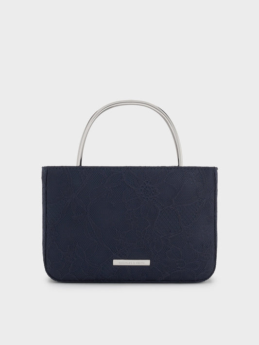 Jennis Lace & Satin Top Handle Bag - Dark Blue Textured | CHARLES & KEITH
