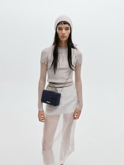 Jennis Lace & Satin Top Handle Bag - Dark Blue Textured | CHARLES & KEITH