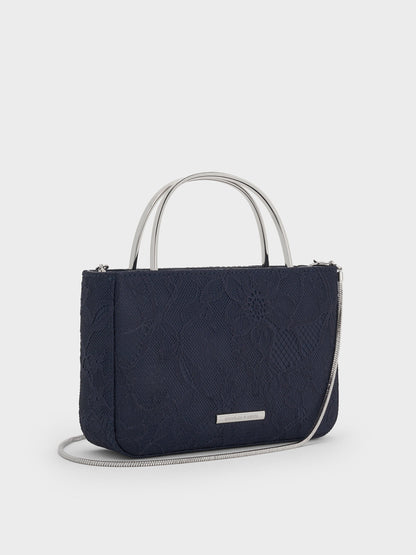 Jennis Lace & Satin Top Handle Bag - Dark Blue Textured | CHARLES & KEITH