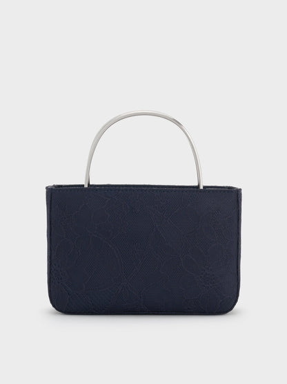 Jennis Lace & Satin Top Handle Bag - Dark Blue Textured | CHARLES & KEITH