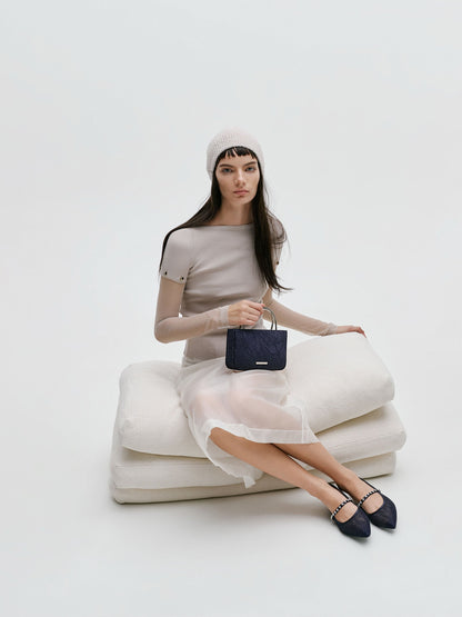 Jennis Lace & Satin Top Handle Bag - Dark Blue Textured | CHARLES & KEITH