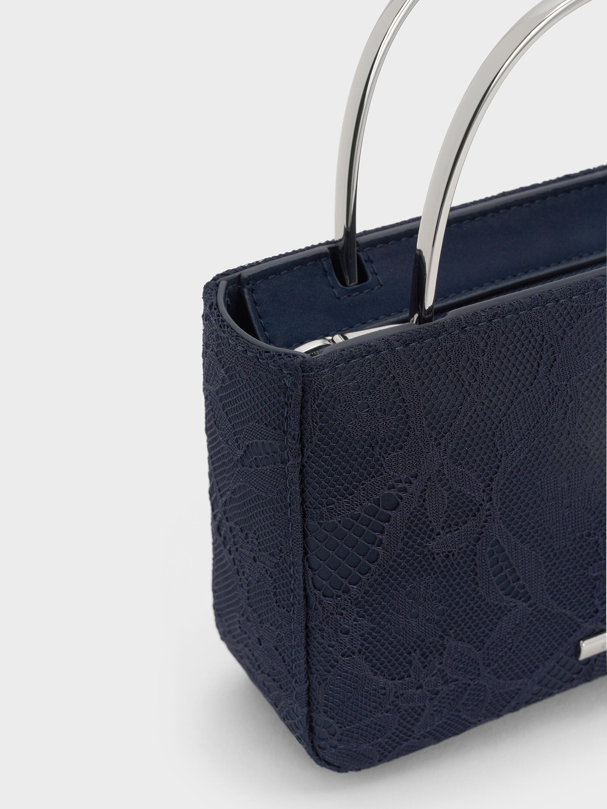 Jennis Lace & Satin Top Handle Bag - Dark Blue Textured | CHARLES & KEITH