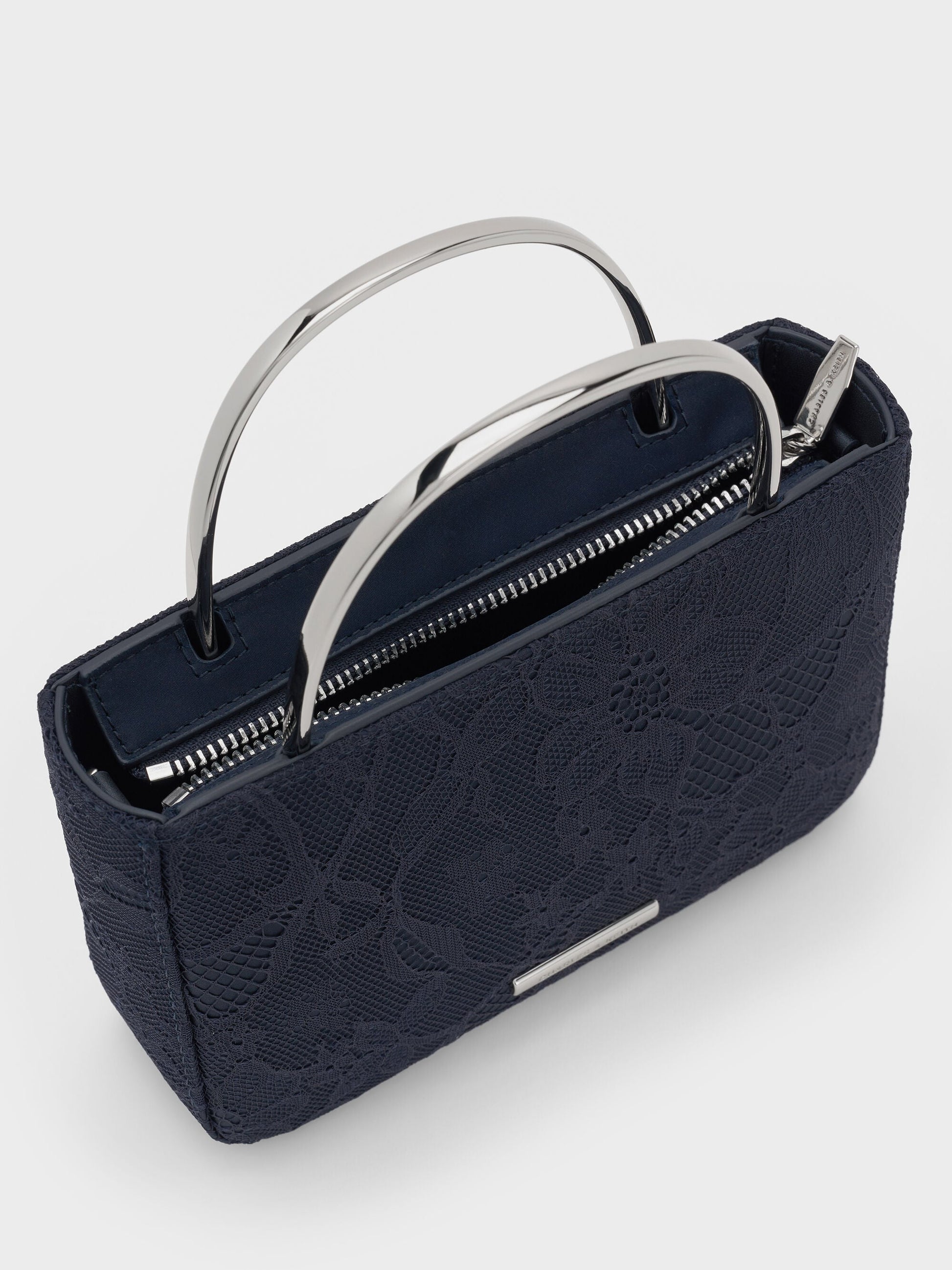 Jennis Lace & Satin Top Handle Bag - Dark Blue Textured | CHARLES & KEITH