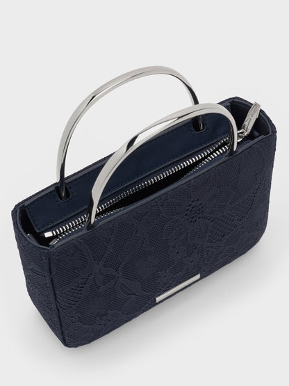 Jennis Lace & Satin Top Handle Bag - Dark Blue Textured | CHARLES & KEITH