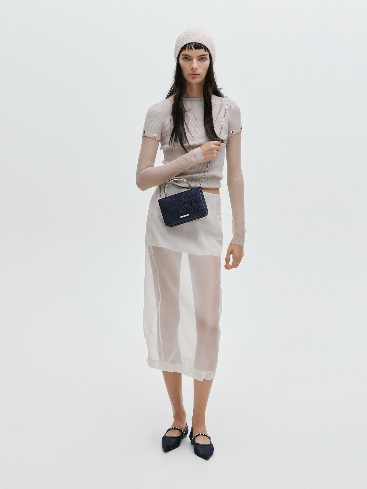 Jennis Lace & Satin Top Handle Bag - Dark Blue Textured | CHARLES & KEITH