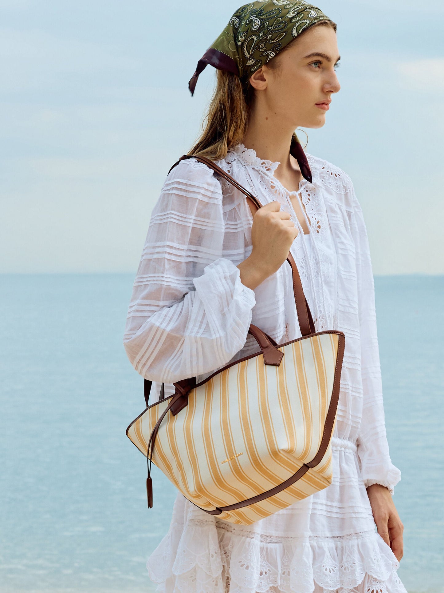 Large Ivanna Canvas Striped Tote Bag - Butterscotch Yellow | CHARLES & KEITH