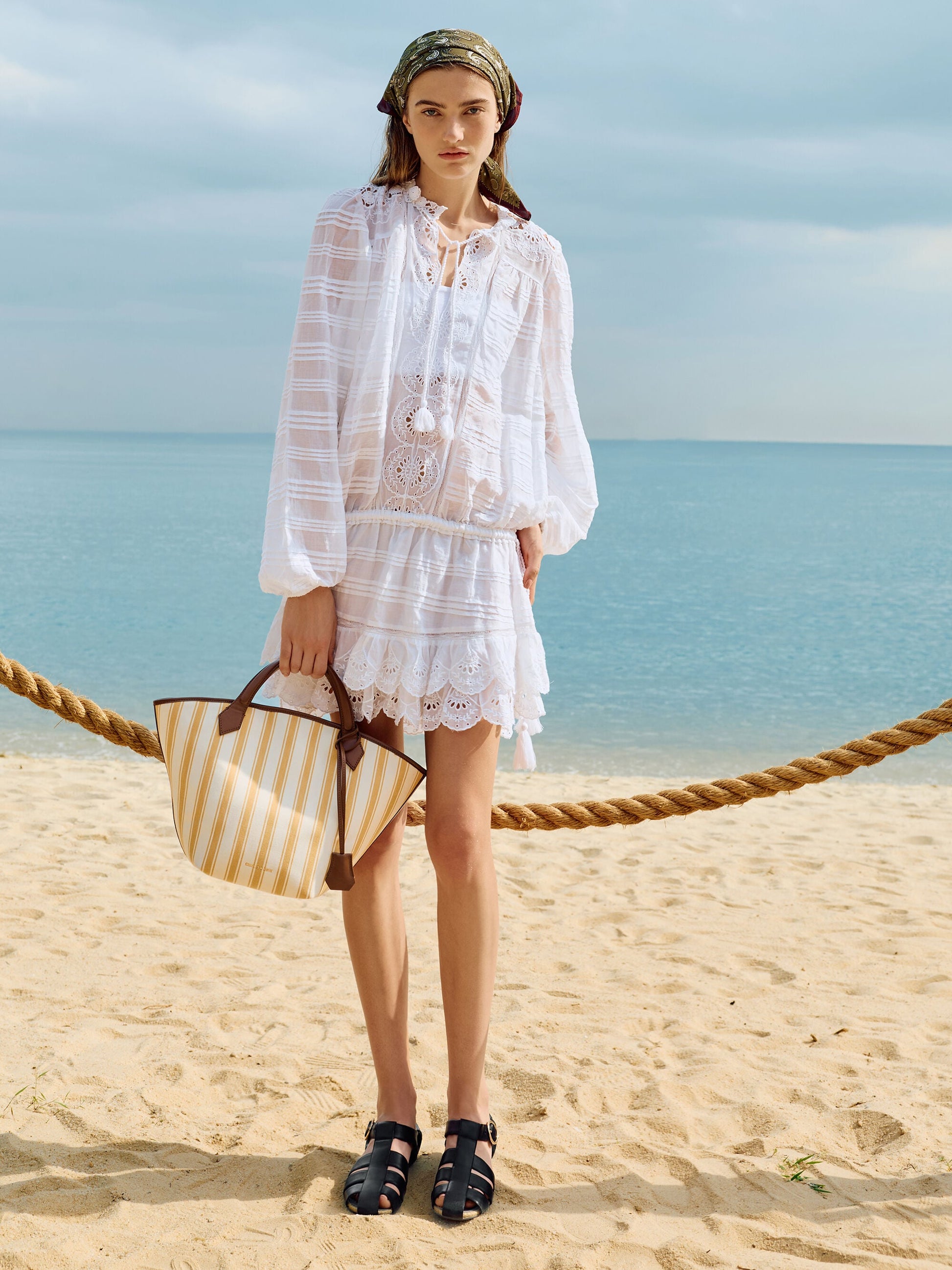 Large Ivanna Canvas Striped Tote Bag - Butterscotch Yellow | CHARLES & KEITH
