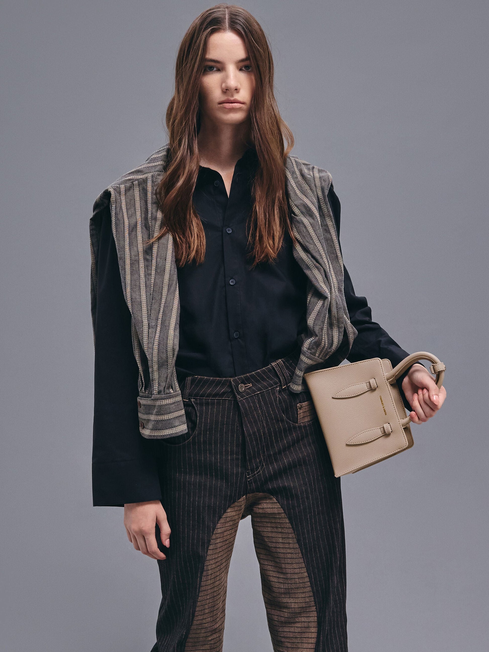 Allyn Structured Trapeze Tote Bag - Taupe | CHARLES & KEITH