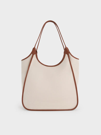 Sianna Canvas Contrast-Trim Tote Bag - Taupe Canvas | CHARLES & KEITH