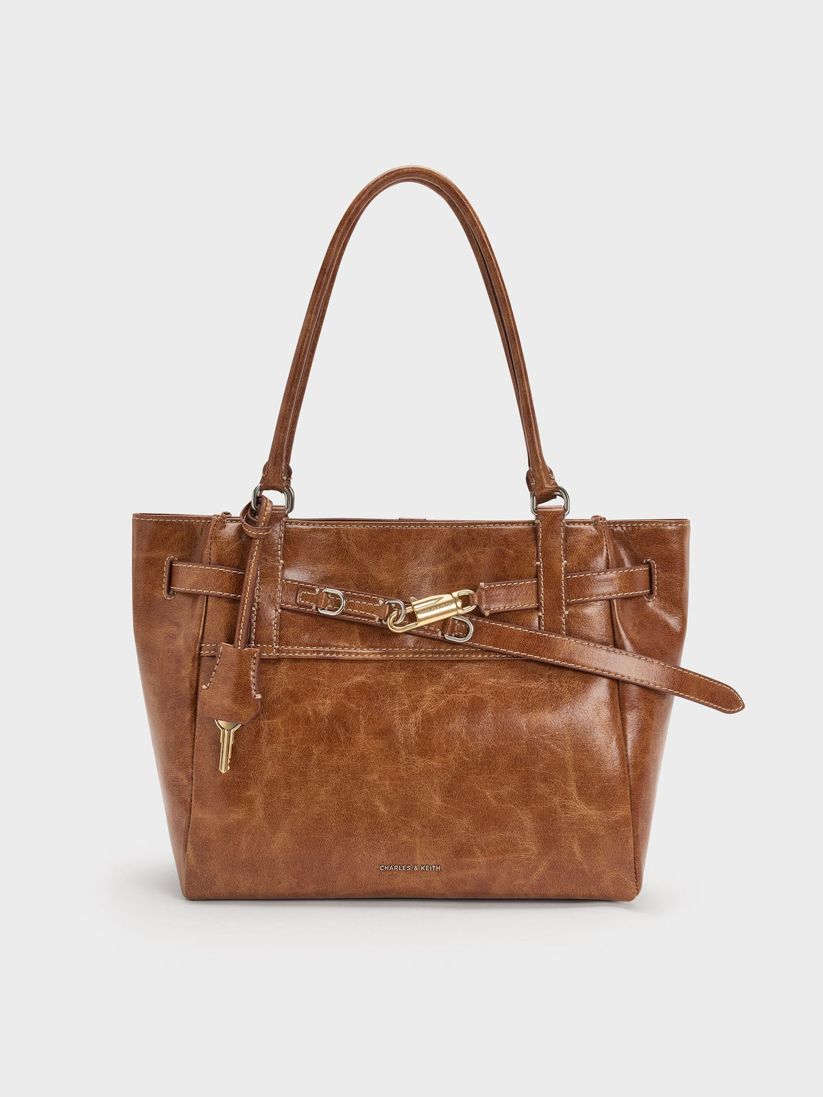 Delfina Belted Tote Bag - Distressed Tan | CHARLES & KEITH