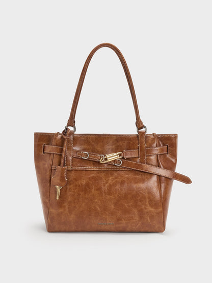 Delfina Belted Tote Bag - Distressed Tan | CHARLES & KEITH