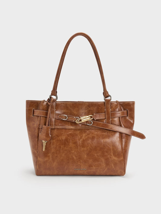 Delfina Belted Tote Bag - Distressed Tan | CHARLES & KEITH