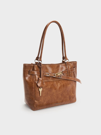 Delfina Belted Tote Bag - Distressed Tan | CHARLES & KEITH