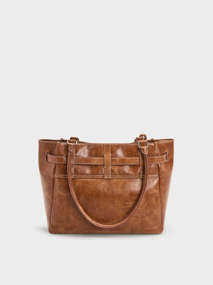 Delfina Belted Tote Bag - Distressed Tan | CHARLES & KEITH