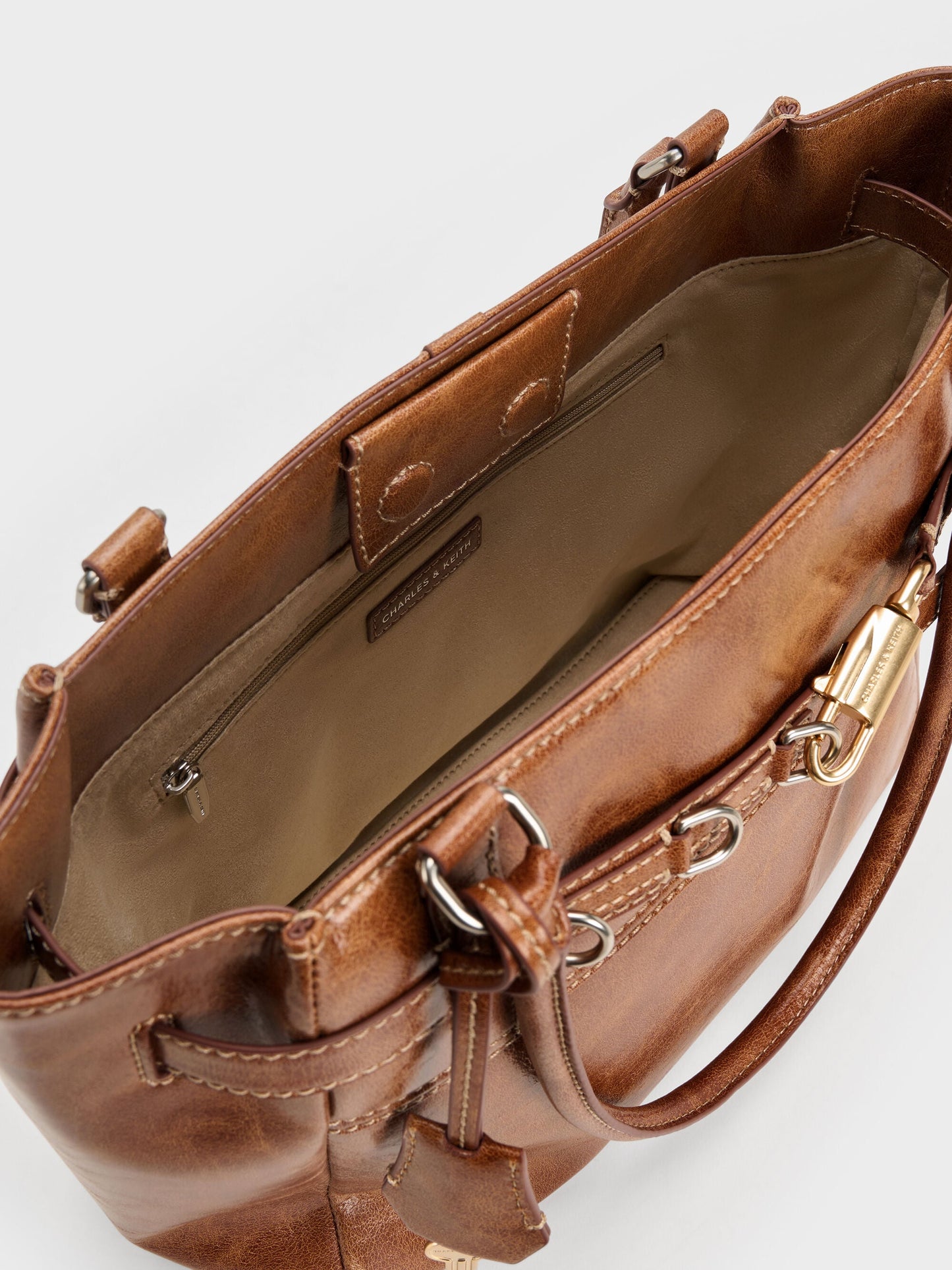 Delfina Belted Tote Bag - Distressed Tan | CHARLES & KEITH
