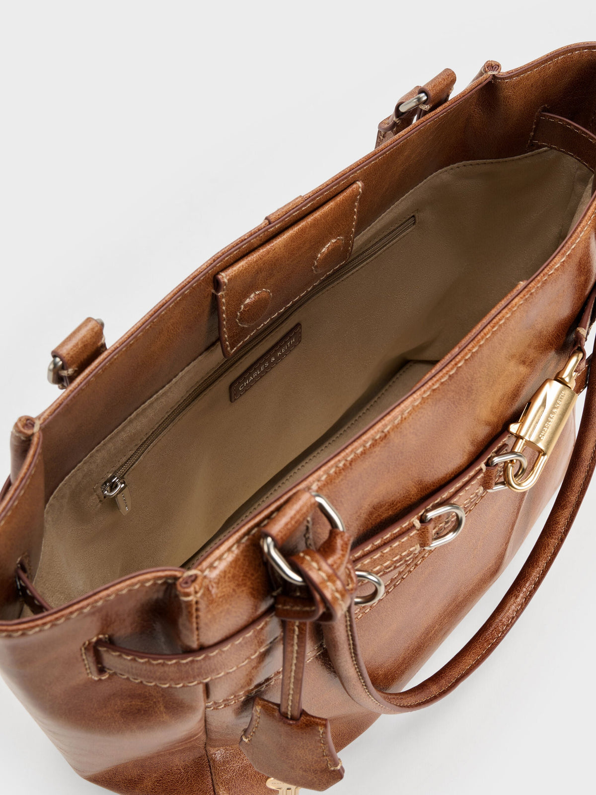 Delfina Belted Tote Bag - Distressed Tan | CHARLES & KEITH