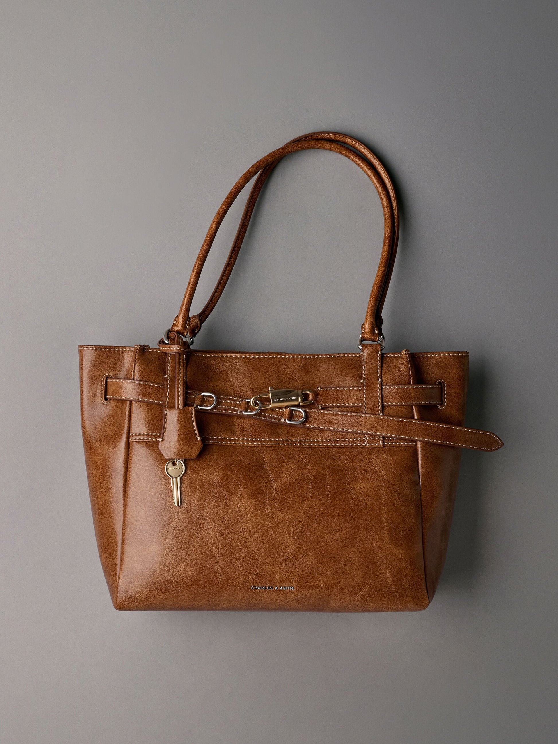 Delfina Belted Tote Bag - Distressed Tan | CHARLES & KEITH
