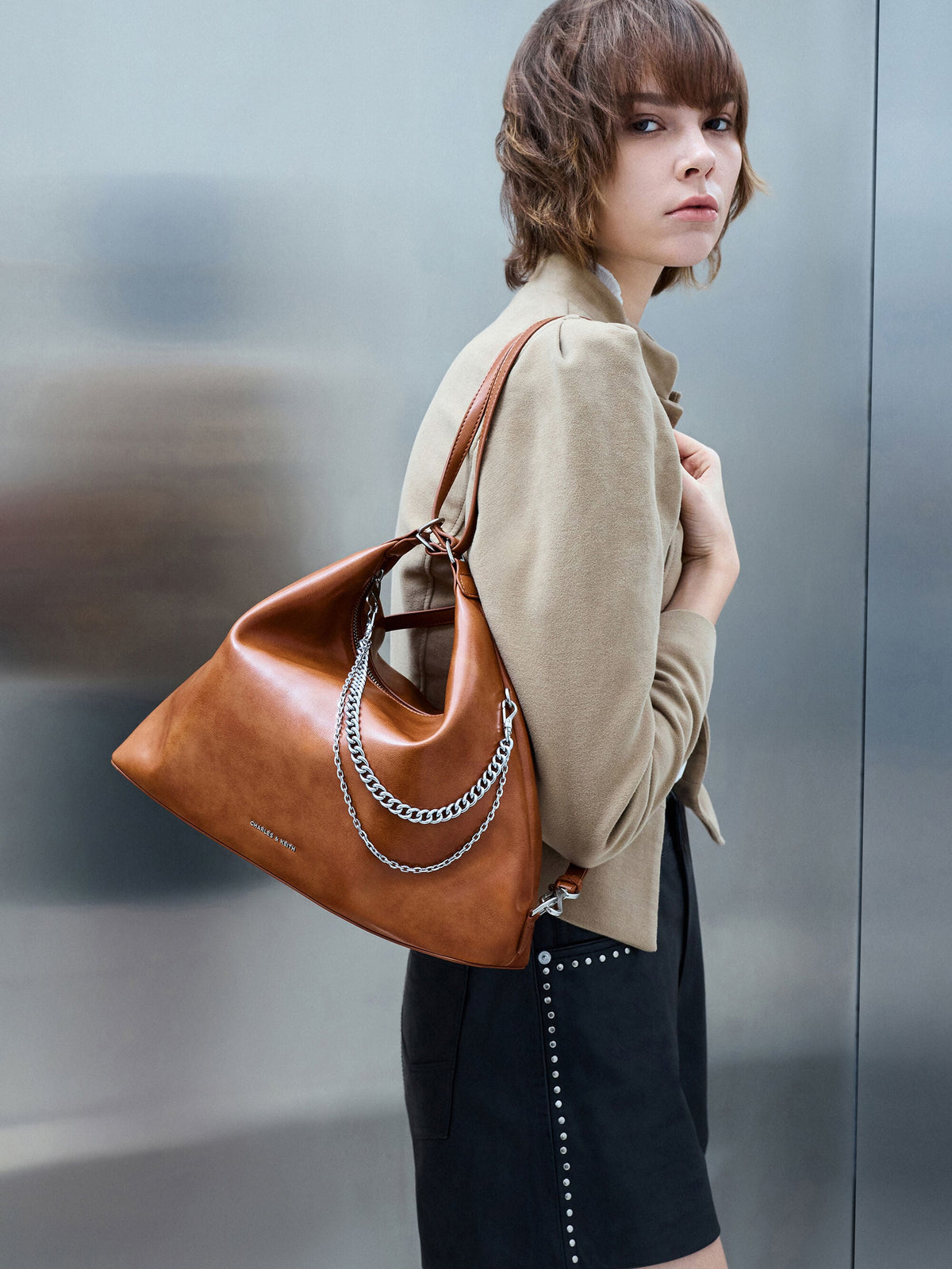 Atwood Chain Convertible Hobo Bag - Distressed Tan | CHARLES & KEITH
