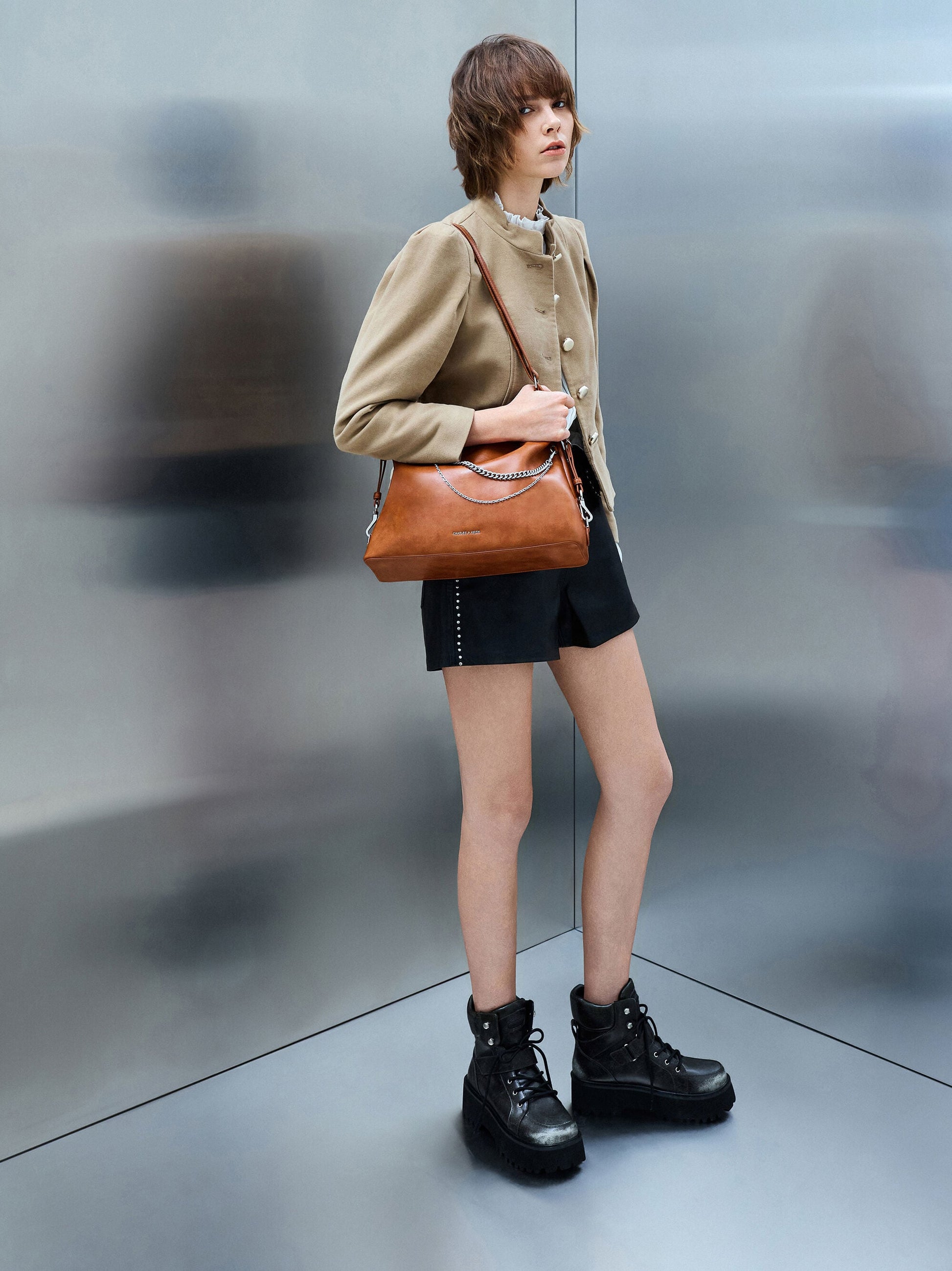Atwood Chain Convertible Hobo Bag - Distressed Tan | CHARLES & KEITH