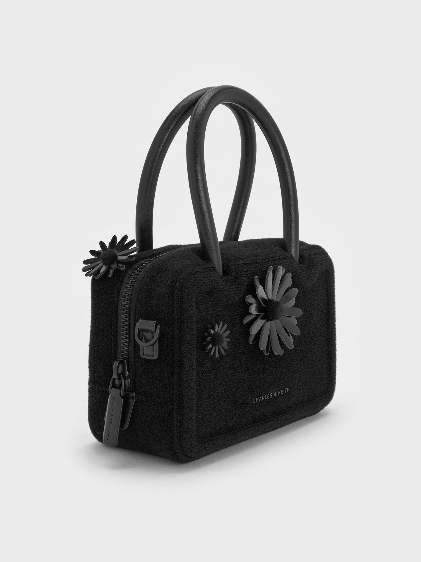 Perline Boxy Top Handle Bag With Floral Appliques - Jet Black | CHARLES & KEITH