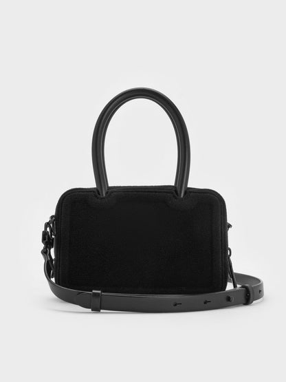 Perline Boxy Top Handle Bag With Floral Appliques - Jet Black | CHARLES & KEITH
