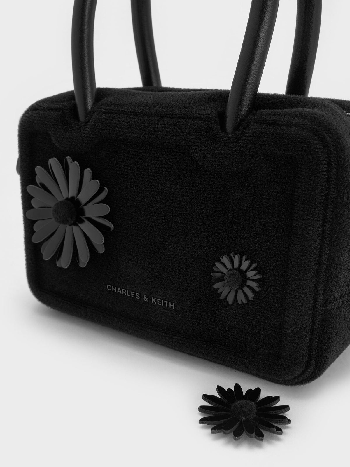 Perline Boxy Top Handle Bag With Floral Appliques - Jet Black | CHARLES & KEITH