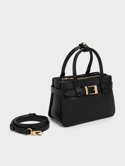 Jody Leather Belted Tote Bag - Black | CHARLES & KEITH