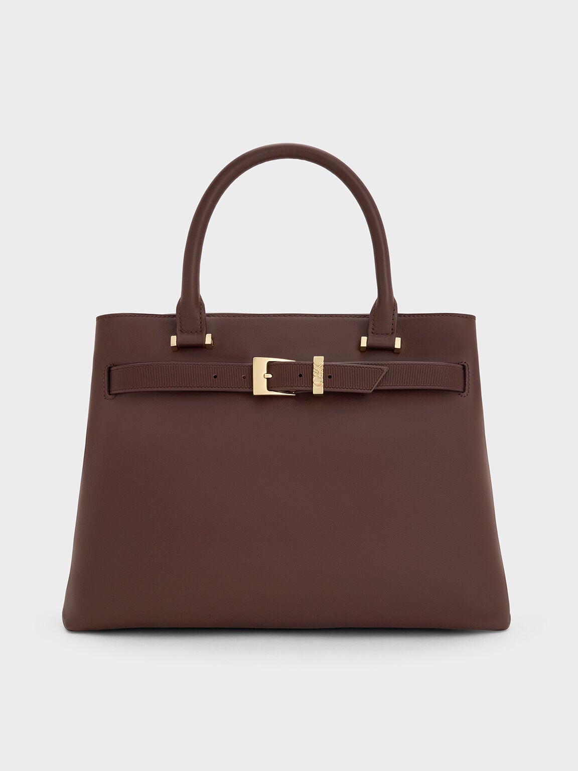Voyager Leather Belted Tote Bag - Dark Brown | CHARLES & KEITH