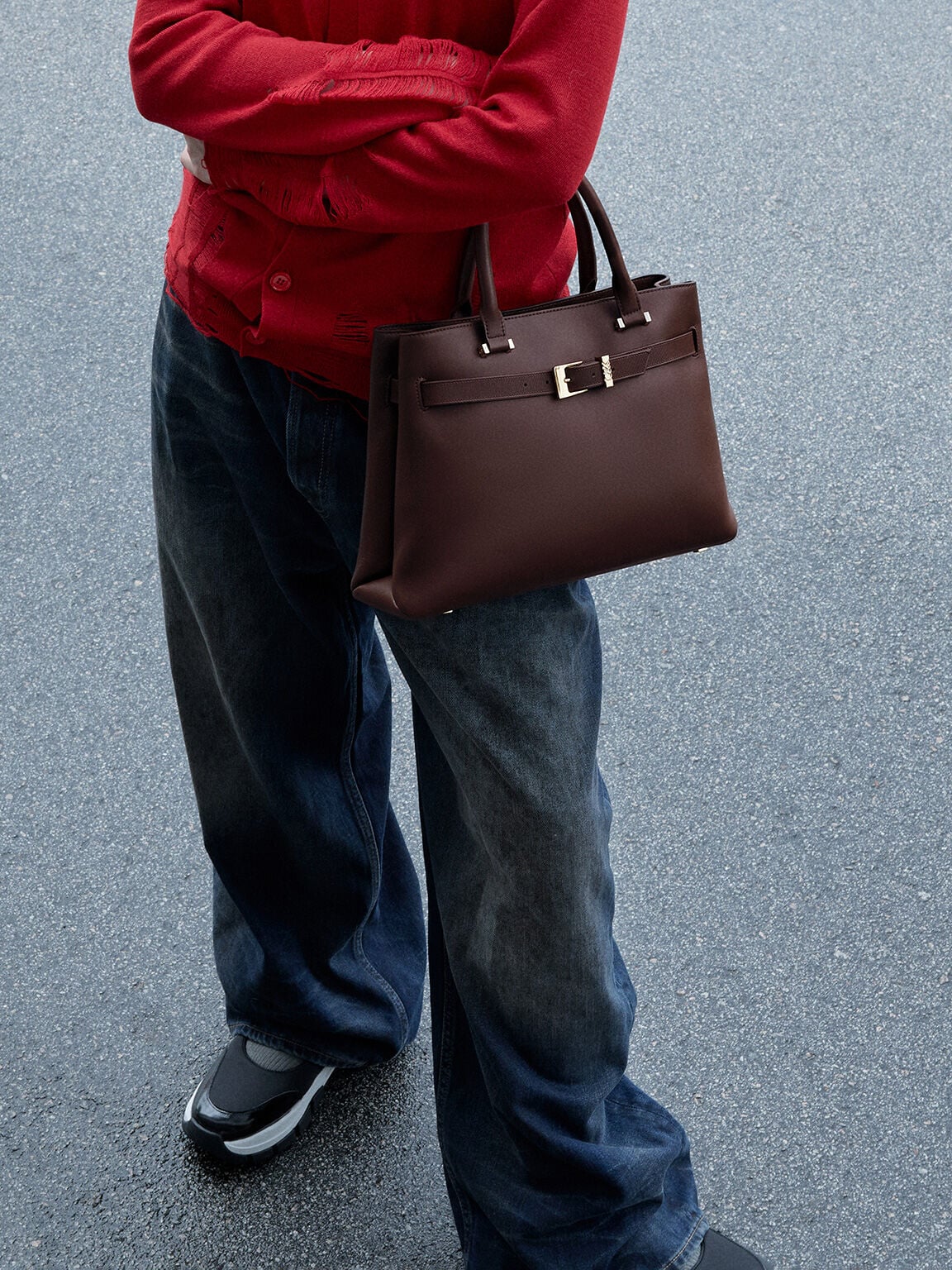 Voyager Leather Belted Tote Bag - Dark Brown | CHARLES & KEITH