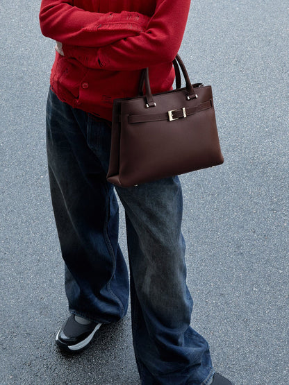 Voyager Leather Belted Tote Bag - Dark Brown | CHARLES & KEITH