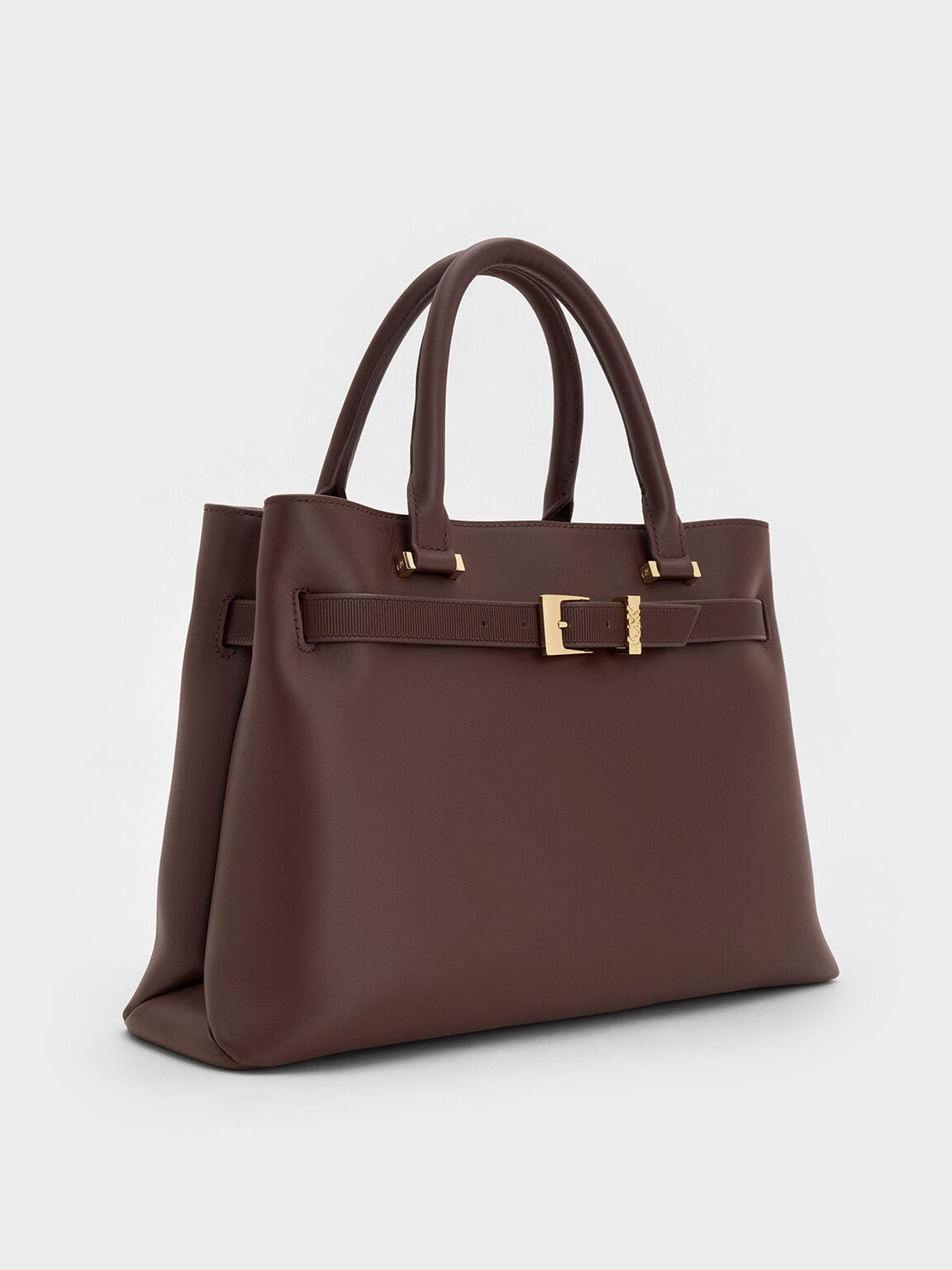 Voyager Leather Belted Tote Bag - Dark Brown | CHARLES & KEITH